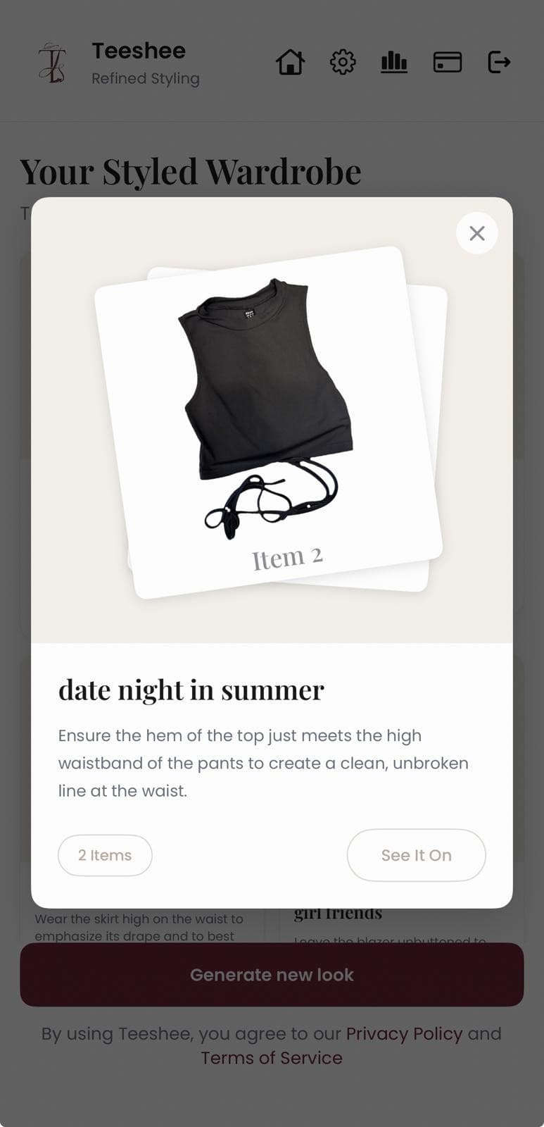 Teeshee app showing a styled outfit suggestion