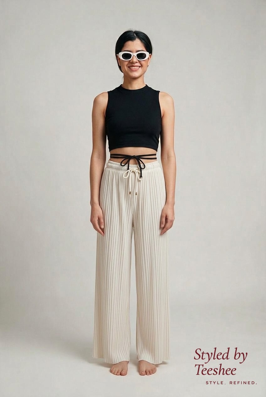 Black knit top · cream wide-leg trouser