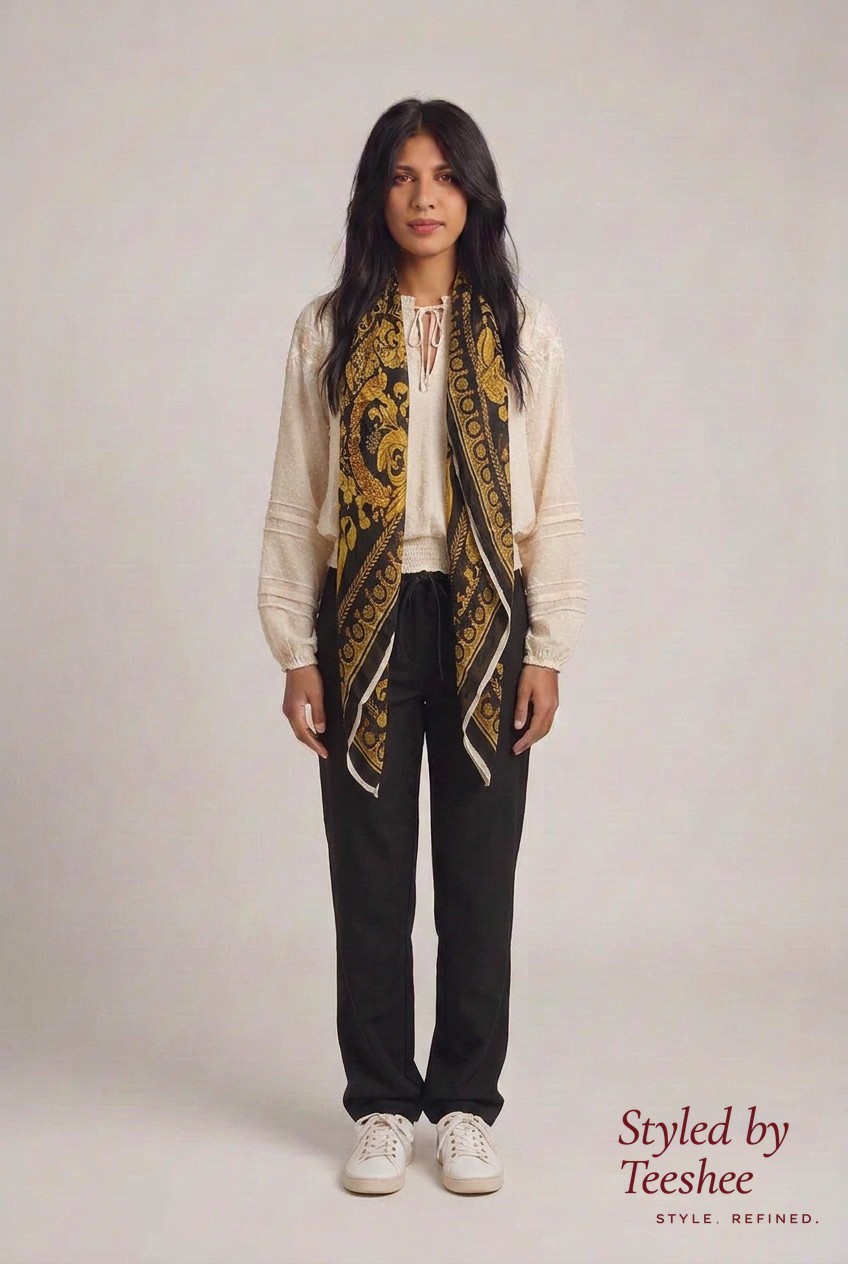 Cream cardigan · printed silk scarf