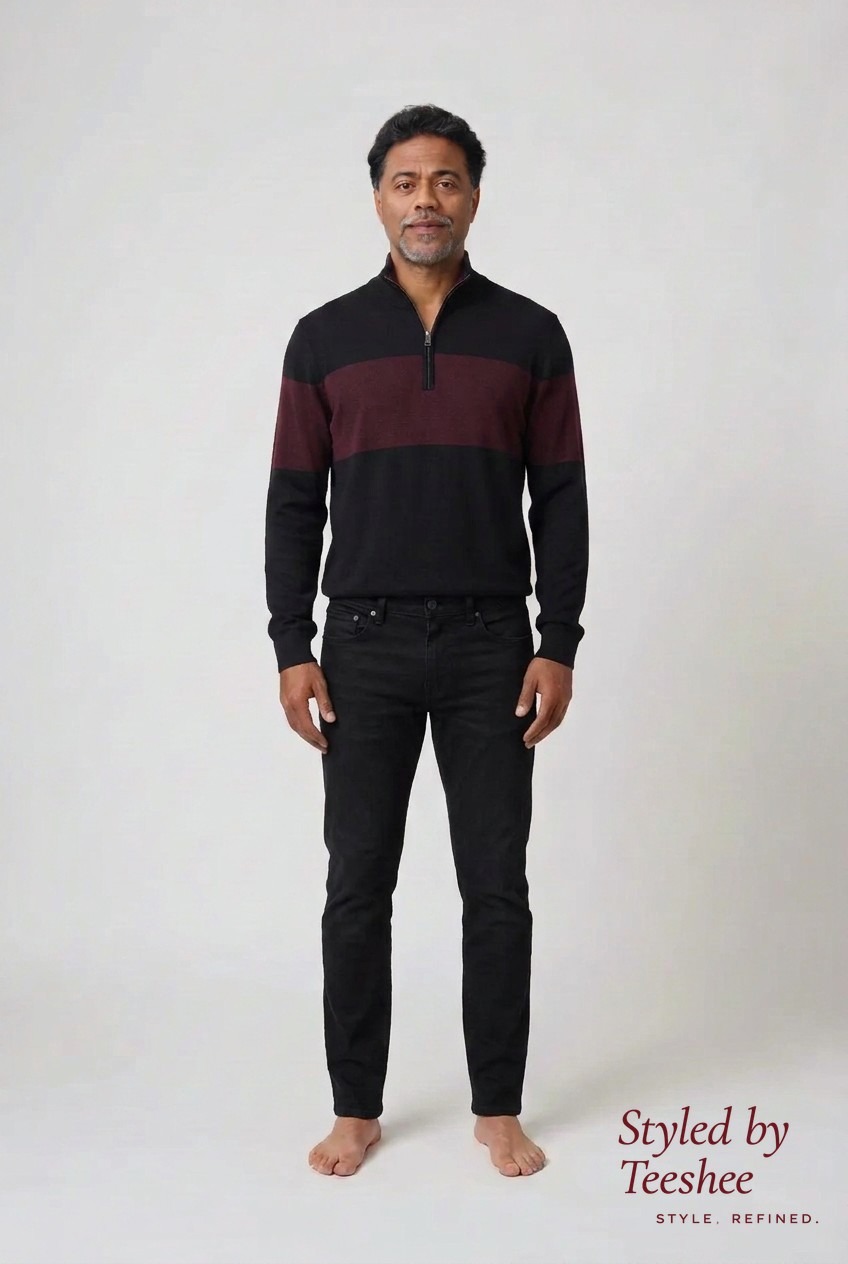 Colourblock knit · dark straight-leg jean